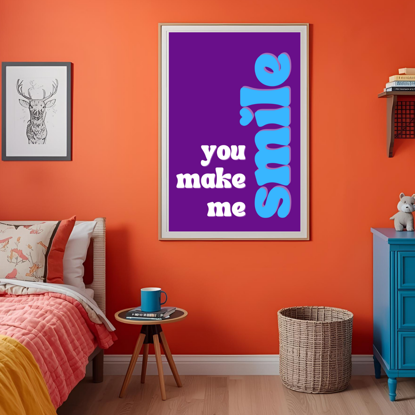 Room interior with a purple poster on an orange wall, blue dresser, and various decor items.