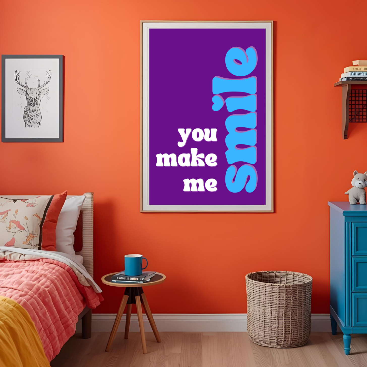 Room interior with a purple poster on an orange wall, blue dresser, and various decor items.