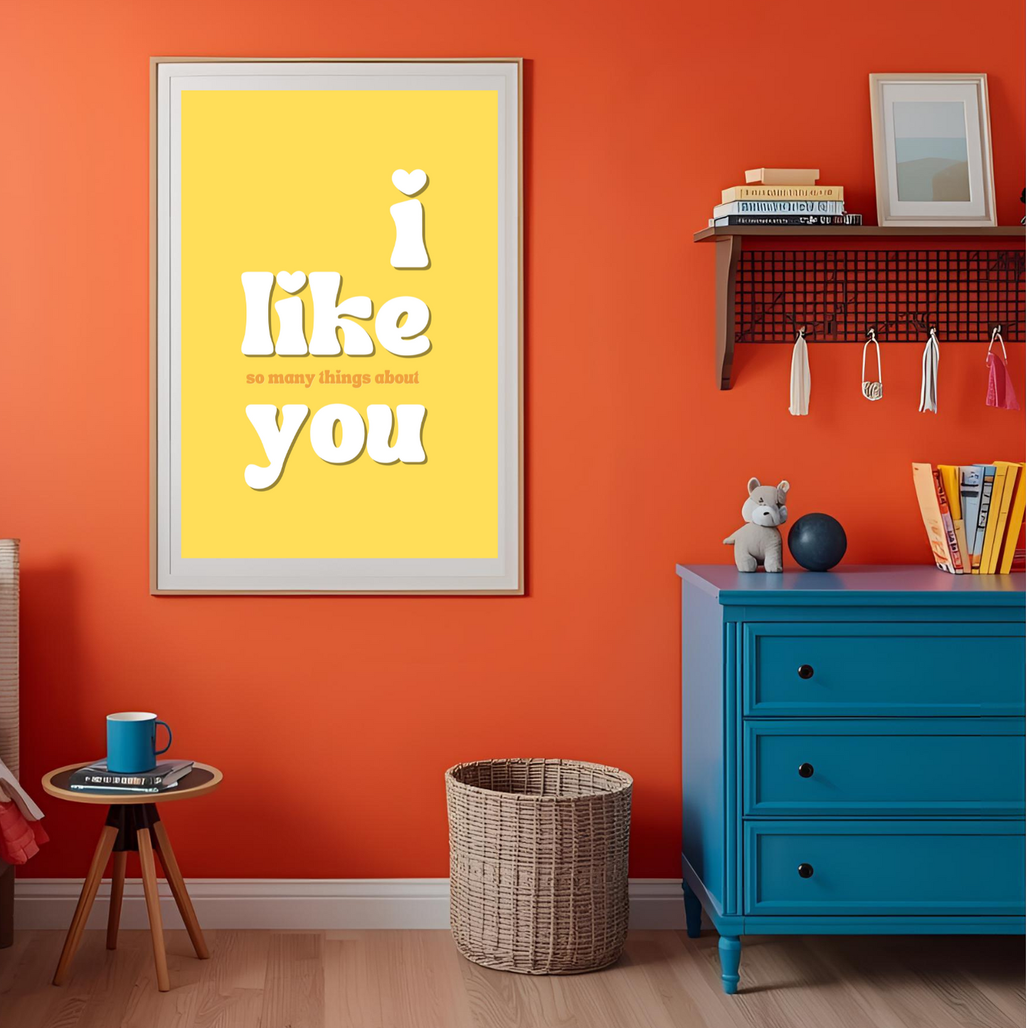 Room interior with a bright orange wall, blue dresser, and yellow 'I like you' poster.
