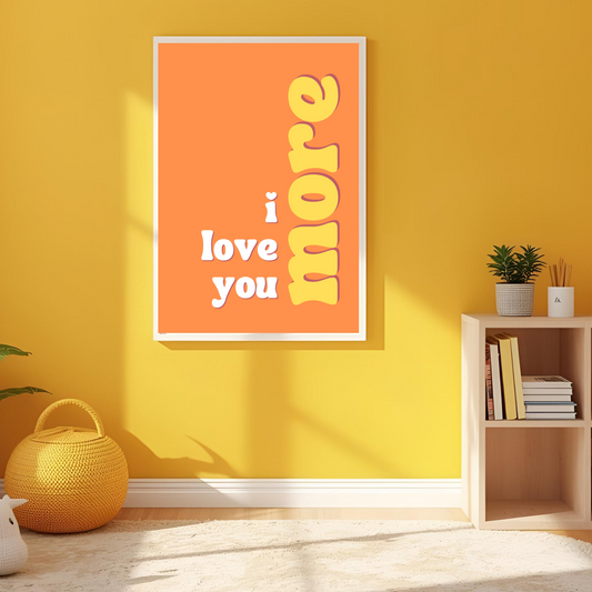 Room interior with a decorative poster on a yellow wall, a shelf with books and decor items.