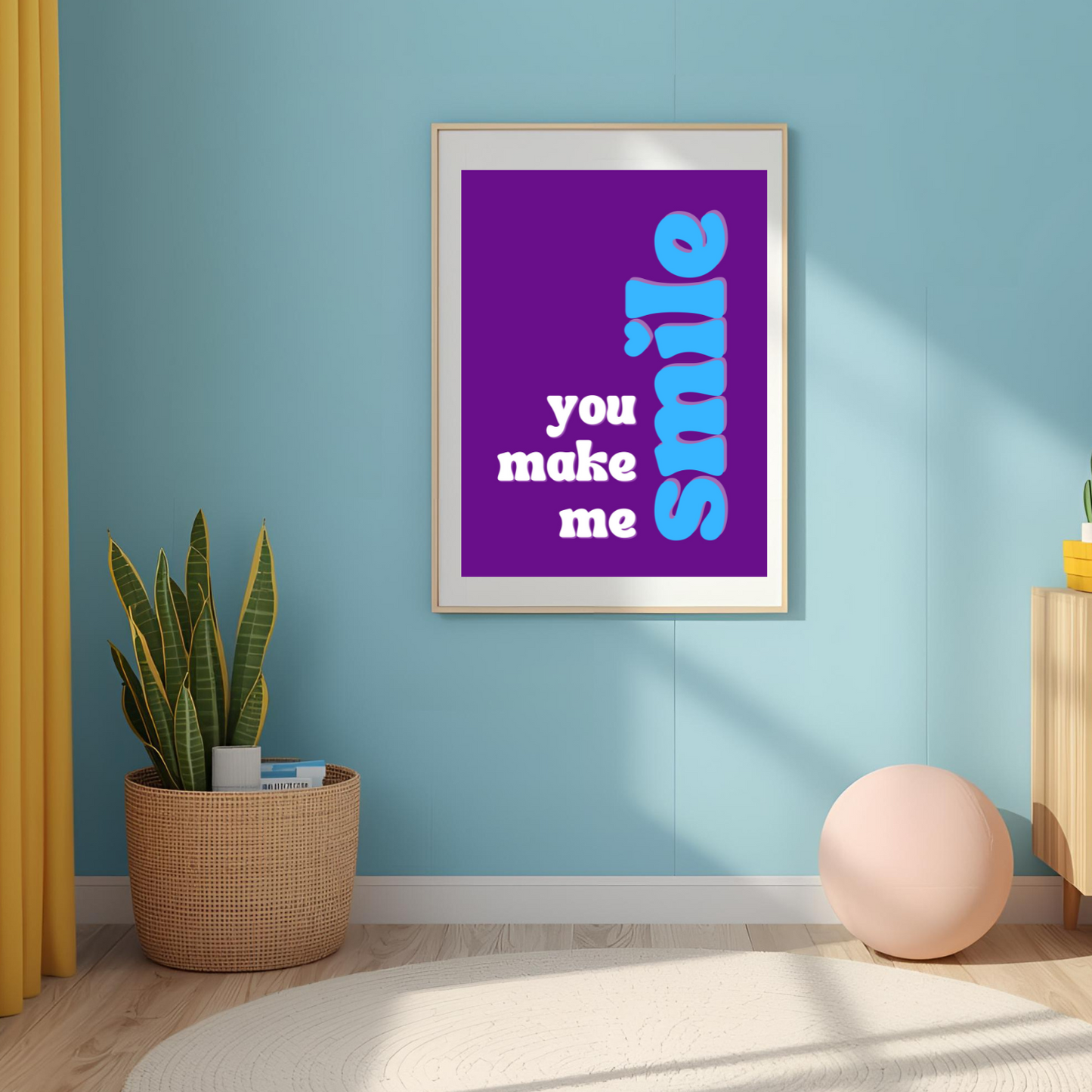 Framed poster with 'you make me smile' text in a room with a blue wall, yellow cabinet, and potted plant.